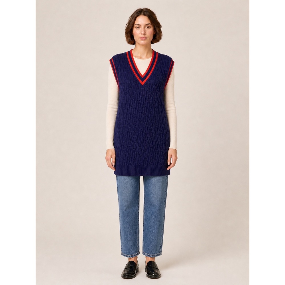 Nouveaux Womens Preppy Cable Knit Varsity Stripe Sweater Vest Navy Blue S